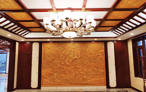 马山中式别墅客厅中式木作横梁吊顶装饰展示